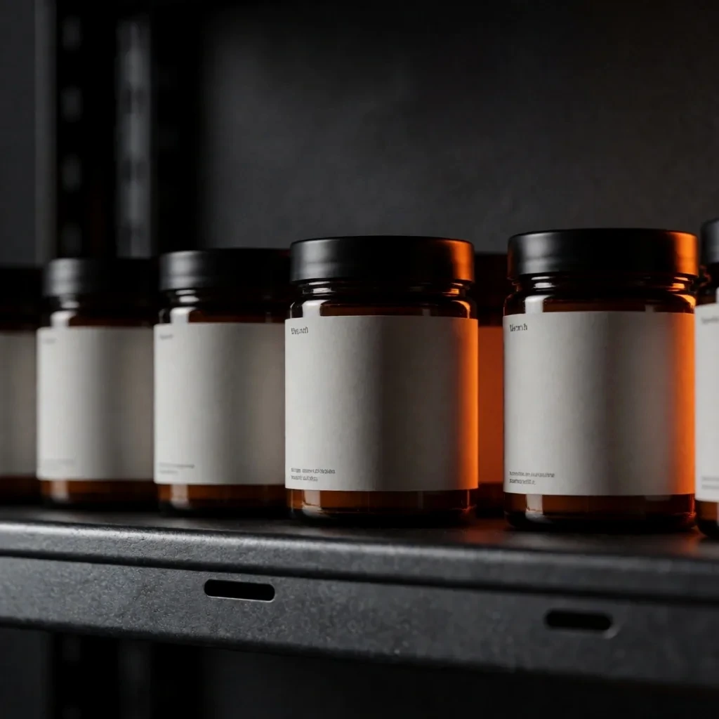 Novapka Botanicals supplement bottles on industrial shelving