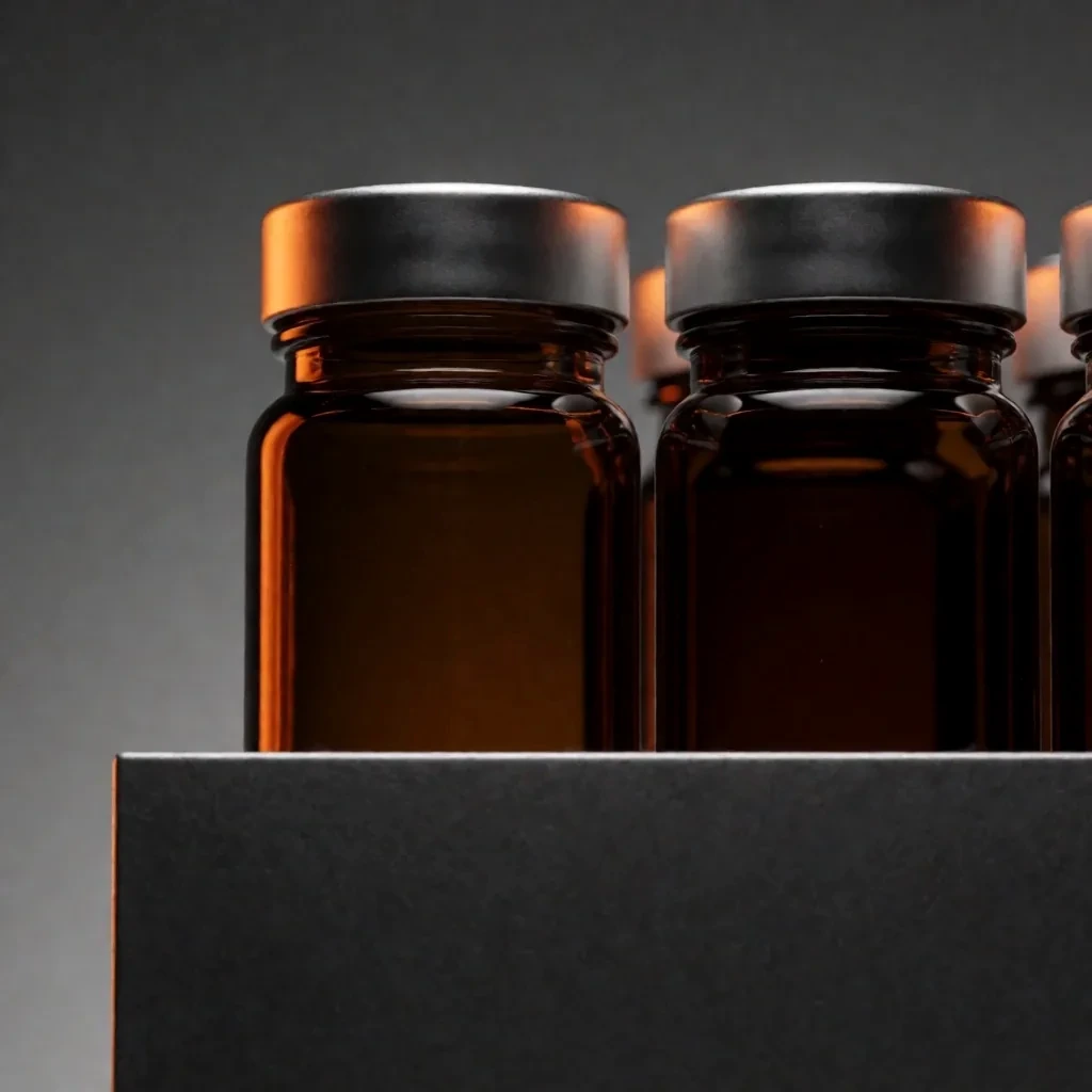 Novapka Botanicals supplement bottles on a graphite plinth in low light