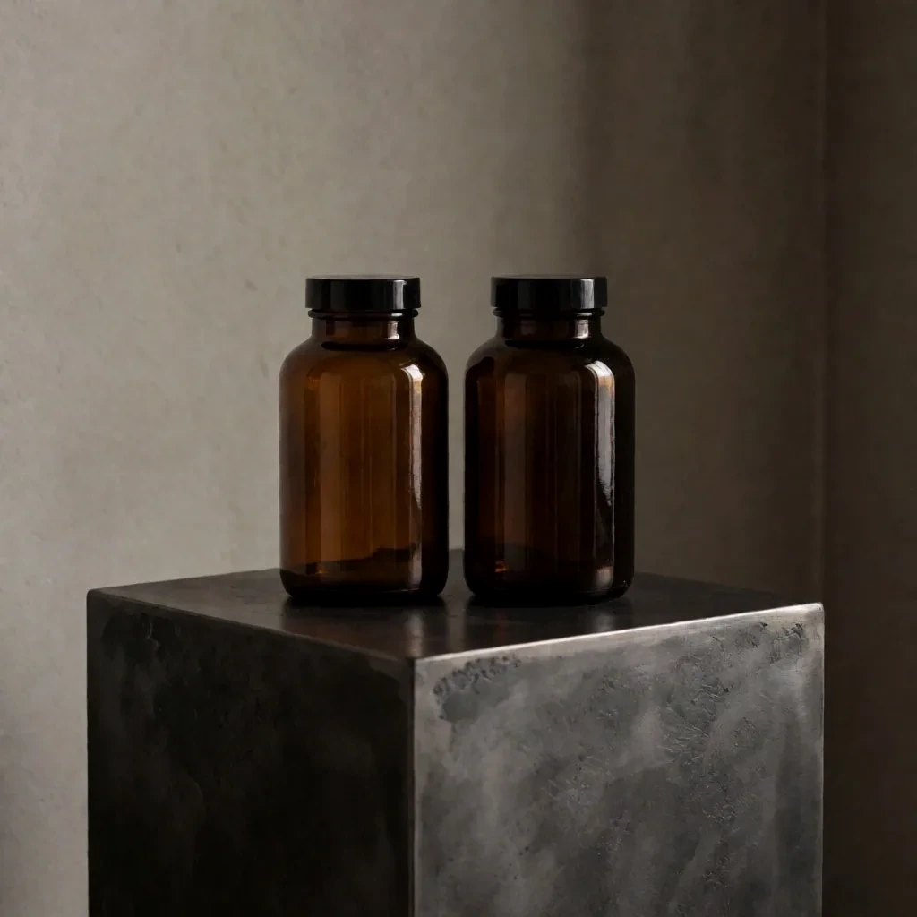 Novapka Botanicals supplement bottles on a dark metal plinth