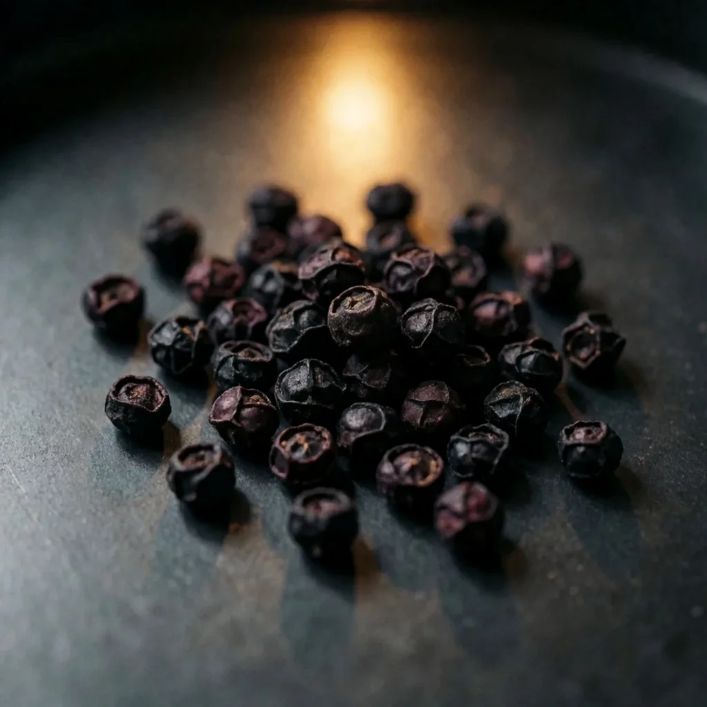 Dried elderberries on a dark metal surface
