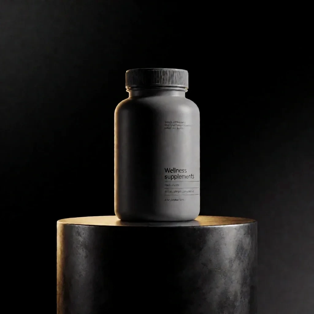 Novapka Botanicals supplements on textured metal plinth in low light