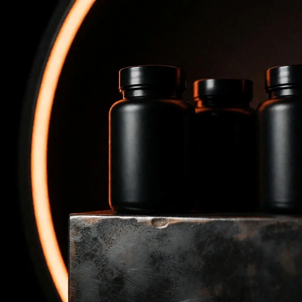 Dark supplement bottles on a metal surface under low orange light
