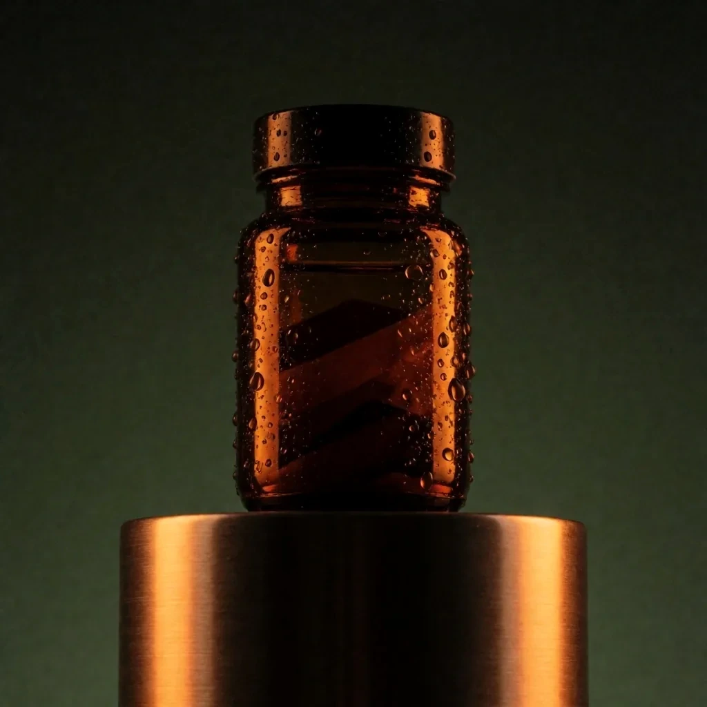 Plant-Based Omega supplement bottle on a metal plinth