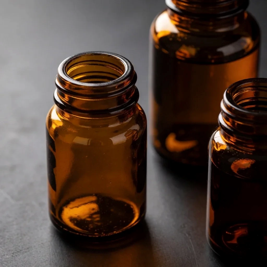 Sealed supplement bottles on a matte metal surface
