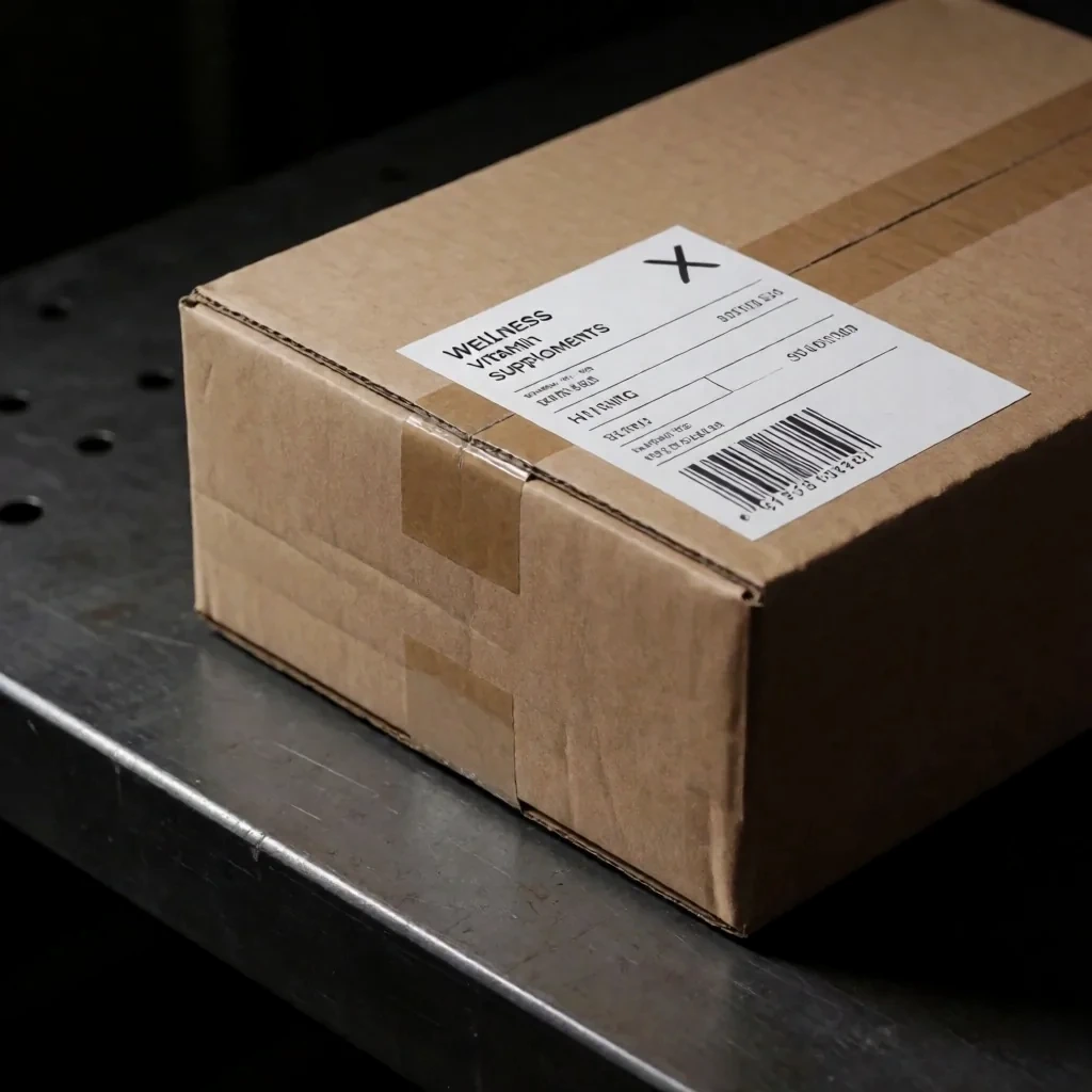 A sealed shipping parcel with a tracking label on a dark workbench