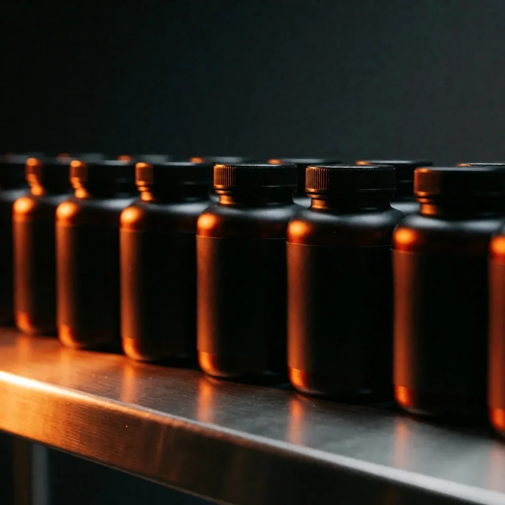 Novapka Botanicals supplement bottles on a laboratory bench
